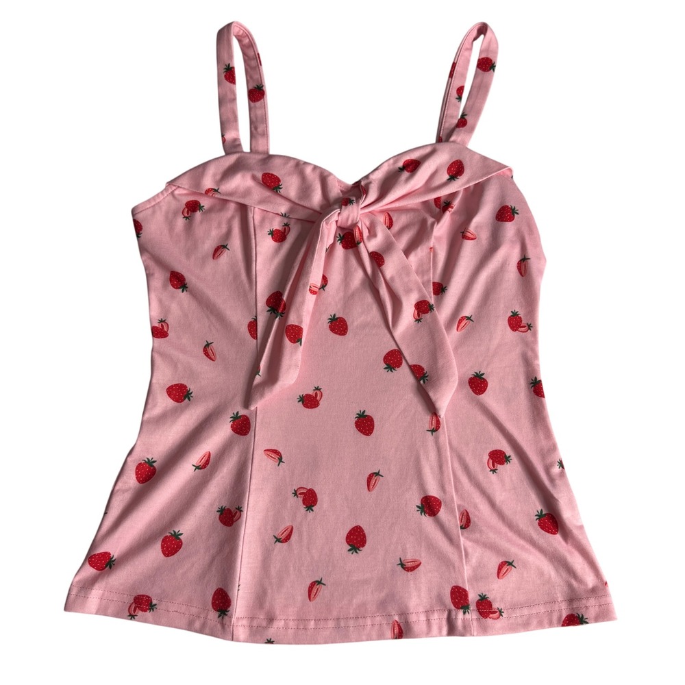 Belle Poque Pink Strawberry Print Tie Front Tank Top Retro Pinup Womens Small